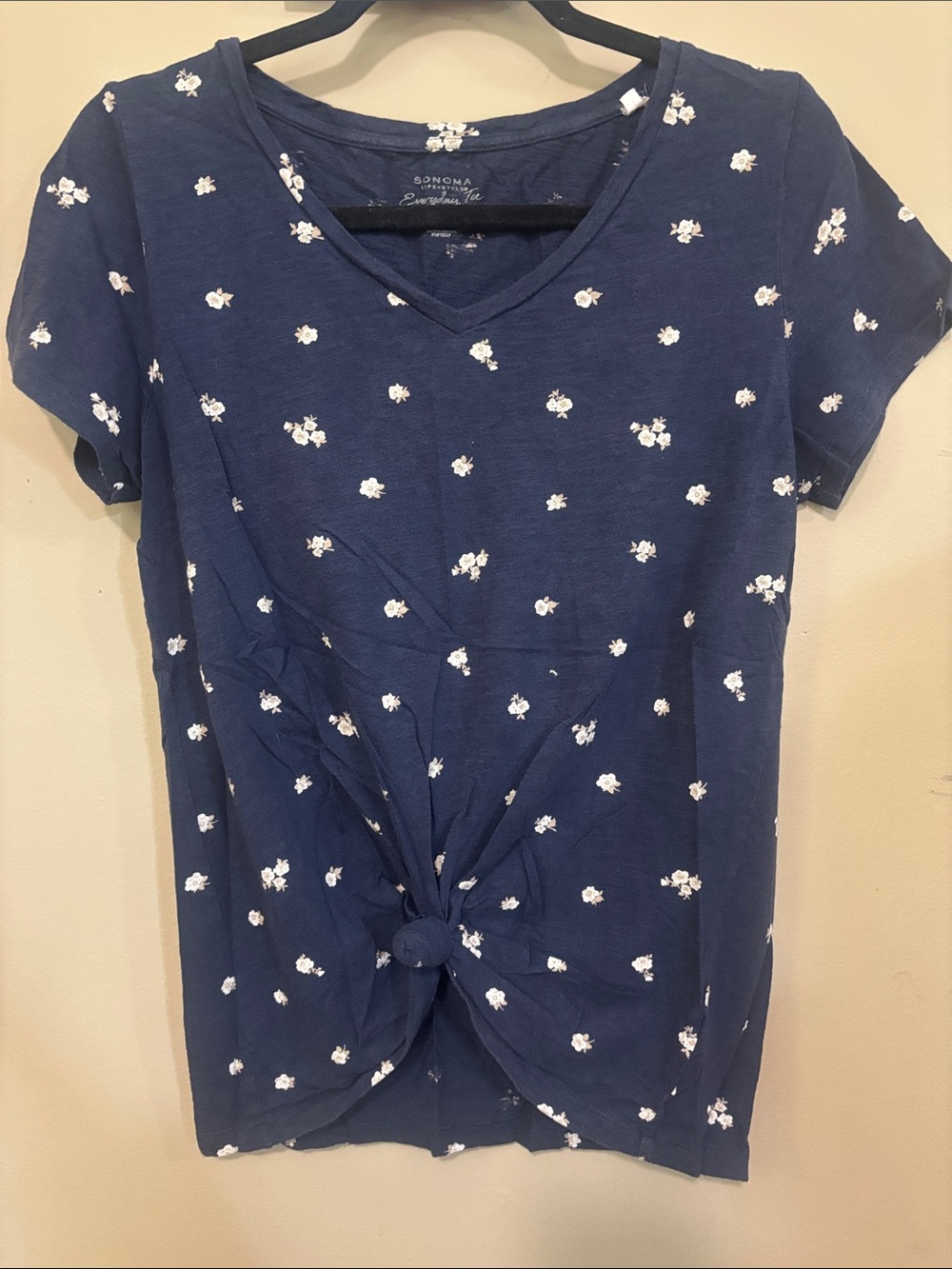Sonoma Navy Floral Knot-Front V-Neck Tee